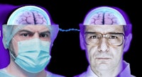 two men with surgical masks and a brain in front of them